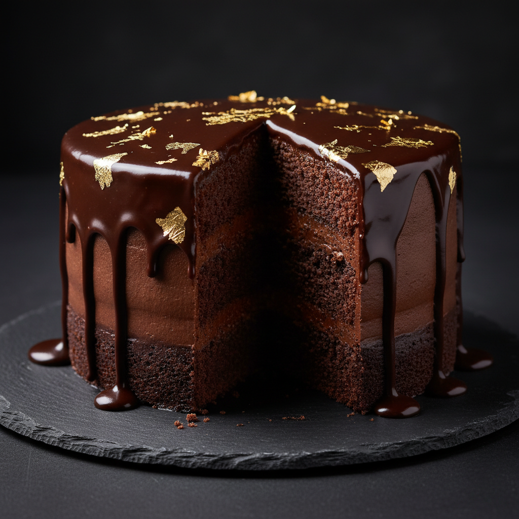 Dark chocolate ganache cake with glossy mirror glaze and gold dust on black slate board