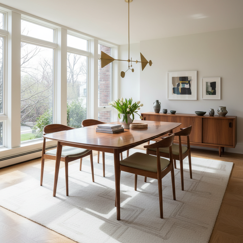 Custom walnut dining table with matching chairs in a bright dining room with pendant light and potted plants