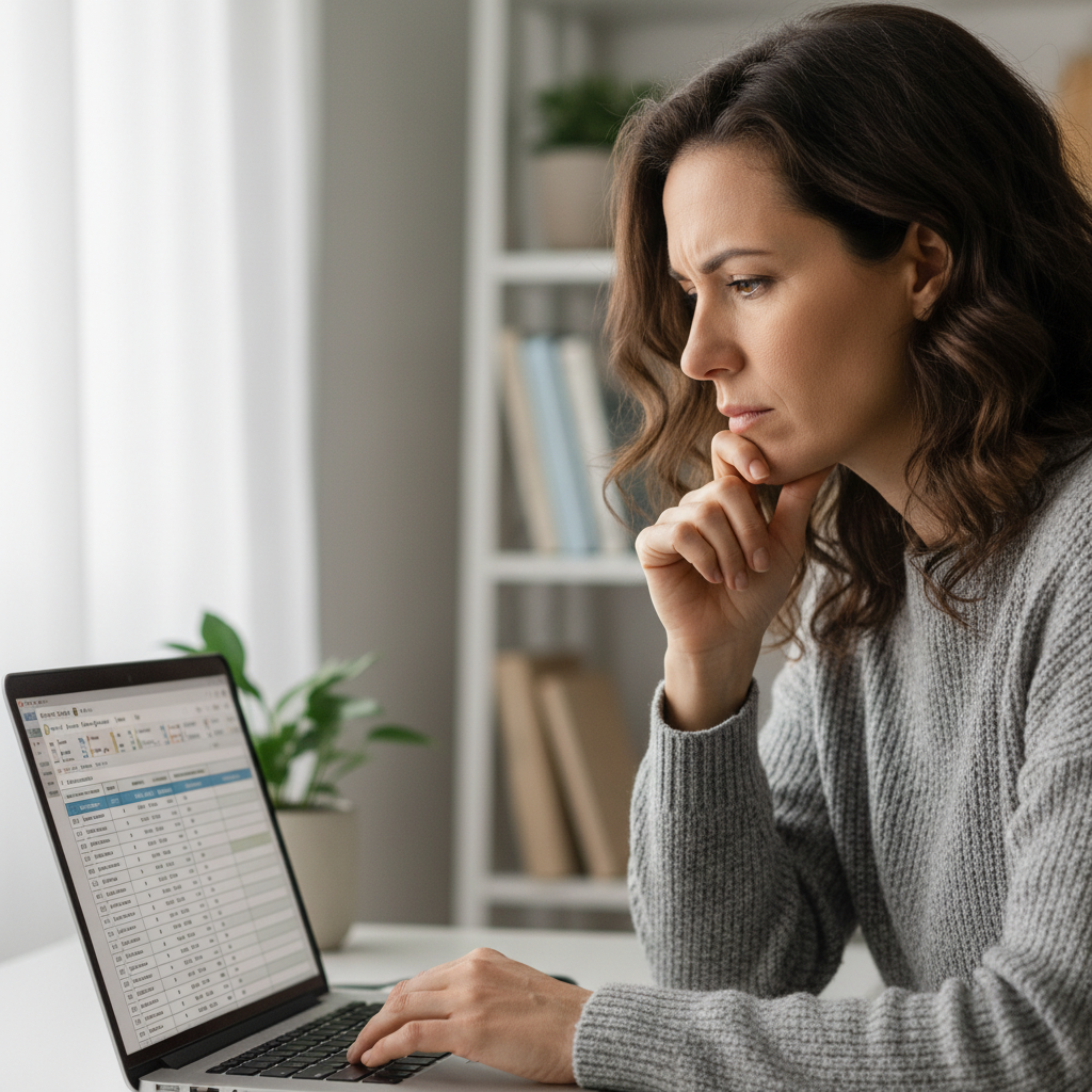 Adult woman at laptop, looking thoughtful and concerned in a quiet home setting