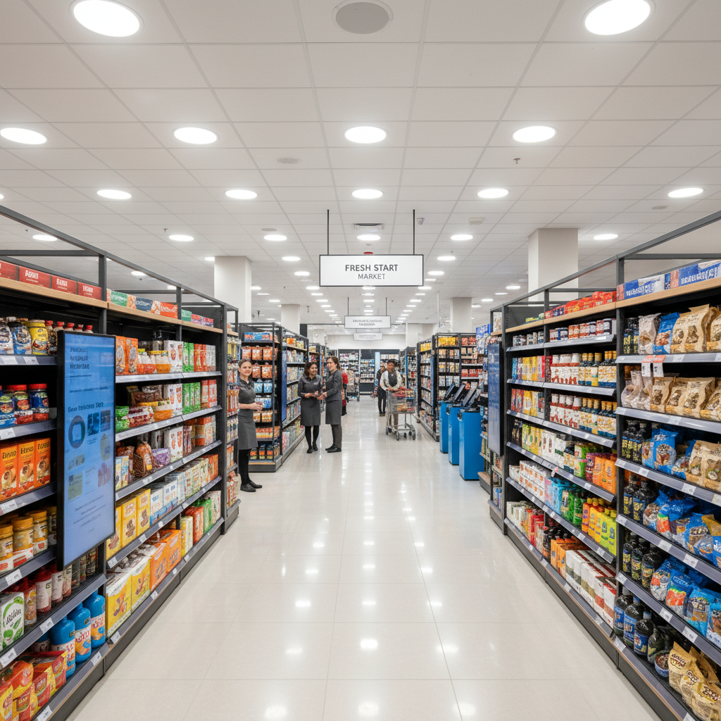 Warm bright interior of a well-stocked neighbourhood grocery store — clean wooden shelves with colourful products, natural daylight from windows