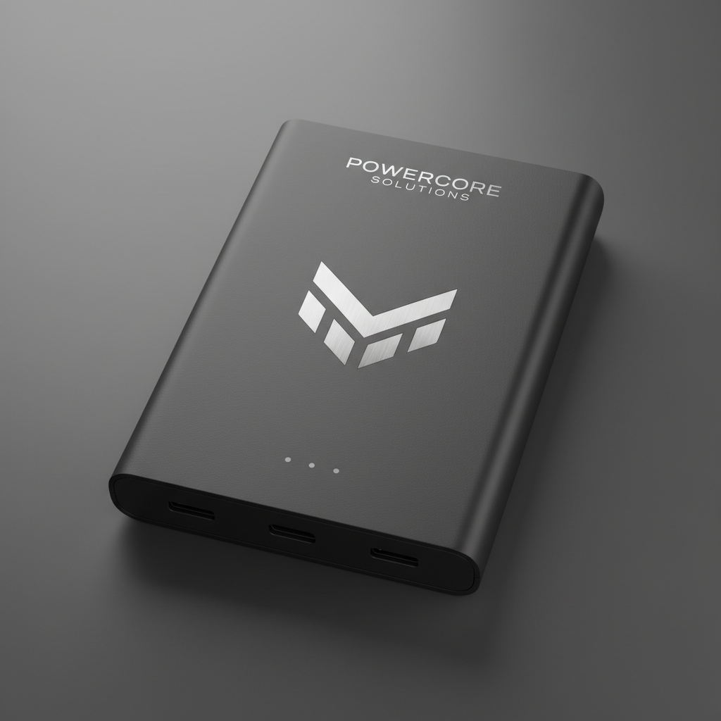 Slim aluminium power bank with engraved logo on white background