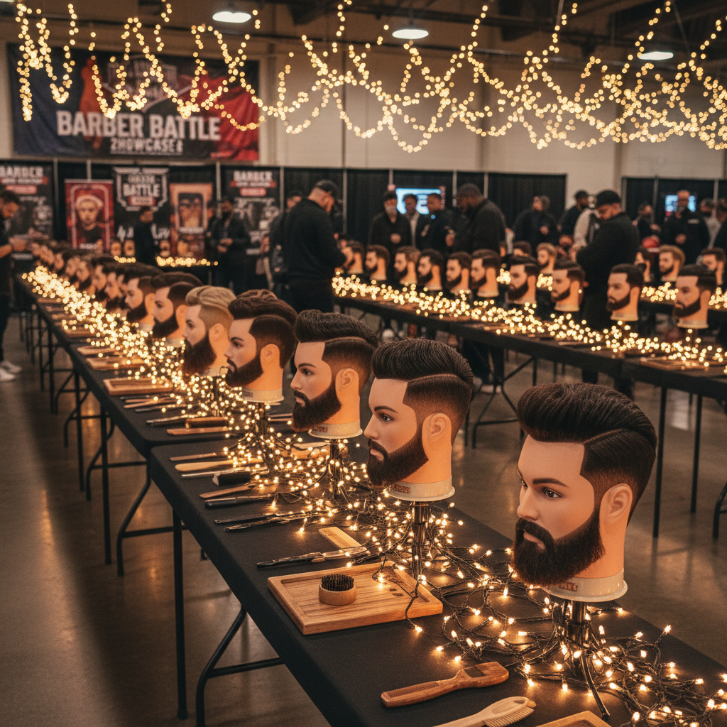 Barber competition showcase with mannequin heads under warm fairy lights