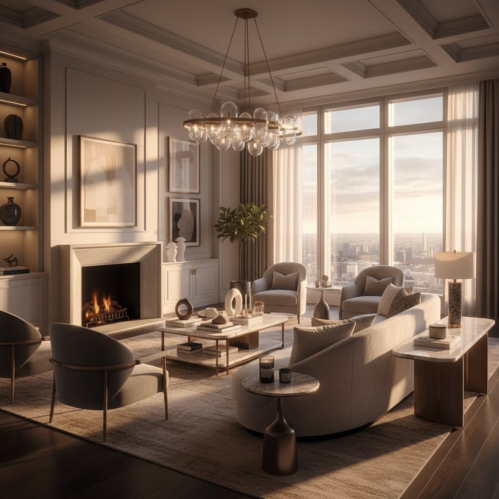 Cinematic interior shot of a luxury living room with floor-to-ceiling windows overlooking a city skyline at golden hour
