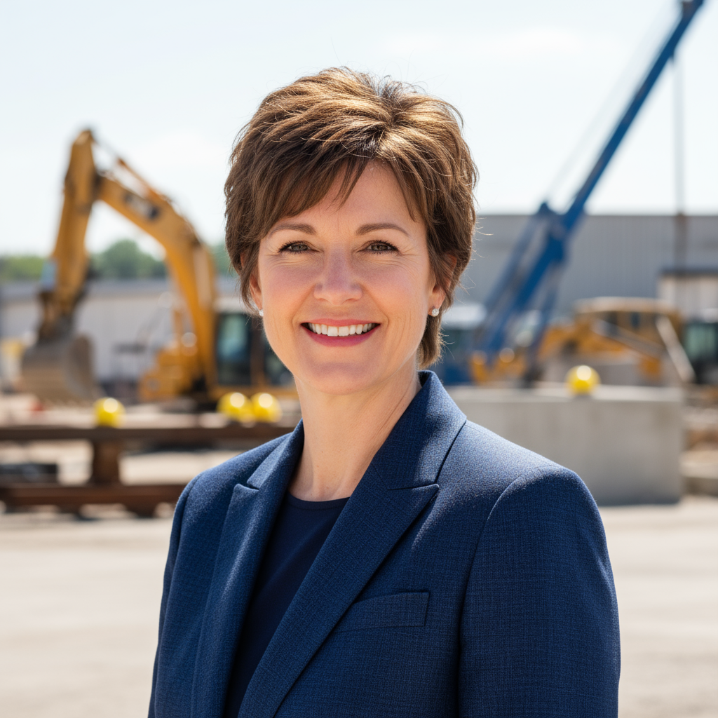 Female construction professional in business attire, bright office background, approachable and expert