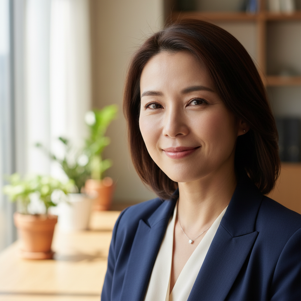 Filipino professional woman smiling confidently while working on a laptop in a bright airy workspace with plants