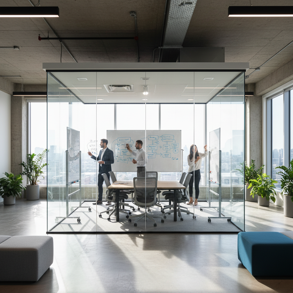 Glass-walled meeting pod inside a full-floor office with collaborative whiteboards