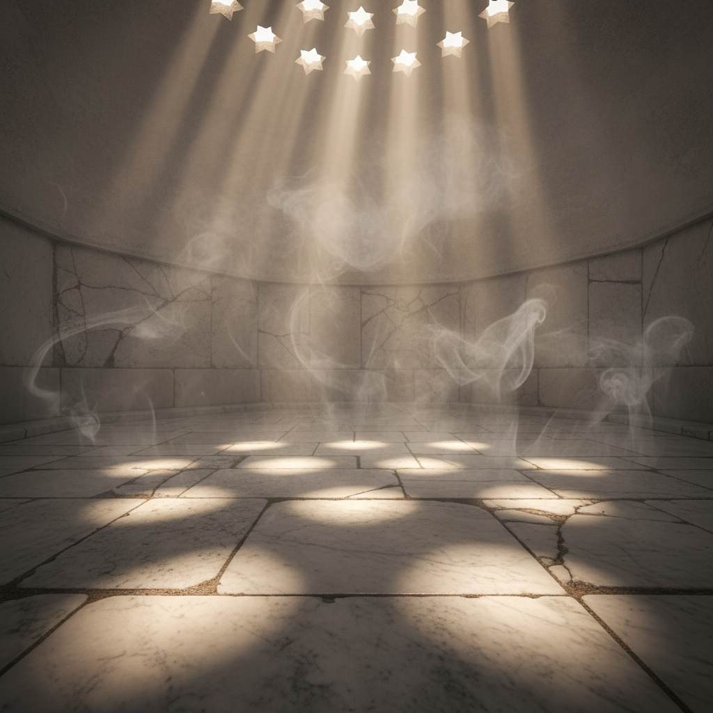Steam rising from ancient marble slabs in a traditional Turkish hammam, soft light filtering through star-shaped ceiling apertures