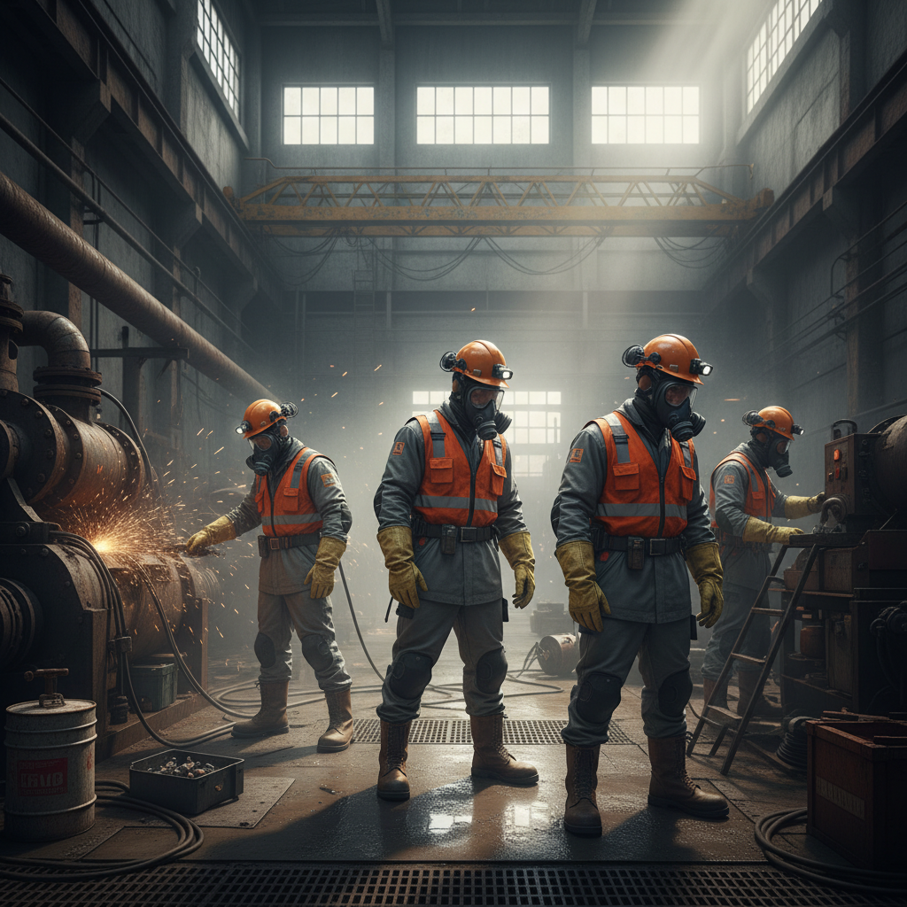 Worker wearing grey industrial coverall suit in dimly lit factory, machinery silhouettes in background