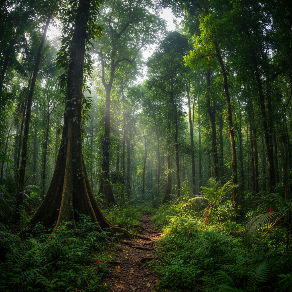 Guide leading group through tropical forest trail