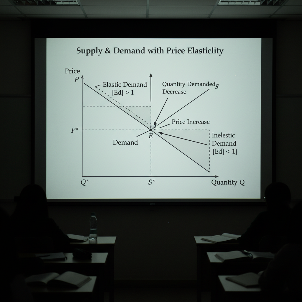 Economics lecture slide showing supply and demand curve with price elasticity annotations