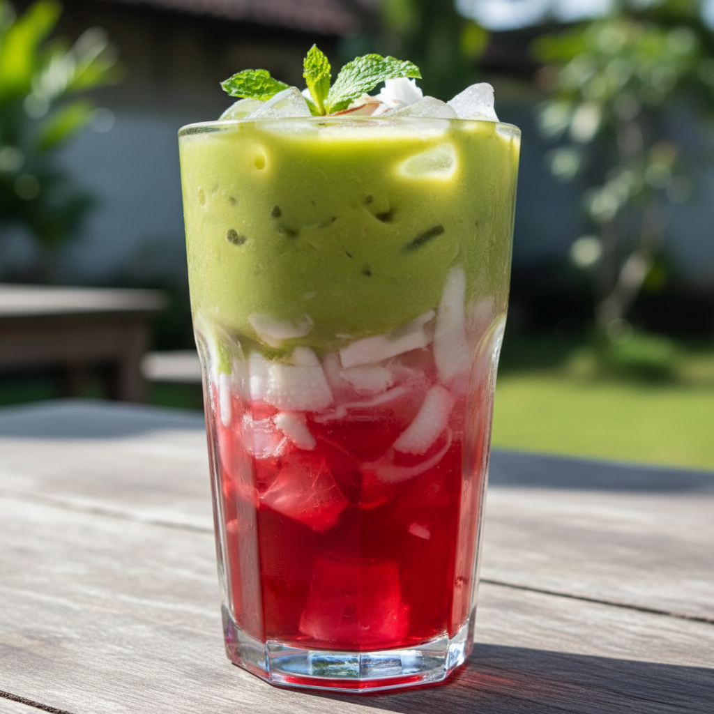 Es Oyen colorful Indonesian drink with coconut, avocado and red syrup in tall glass with ice, vibrant tropical colors, bright natural lighting