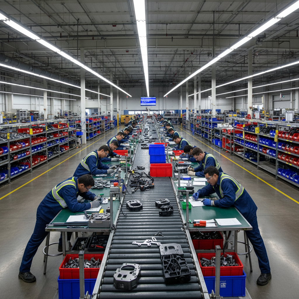 Automotive supplier quality engineer in hard hat and safety vest inspecting components on a manufacturing plant floor with industrial equipment in background