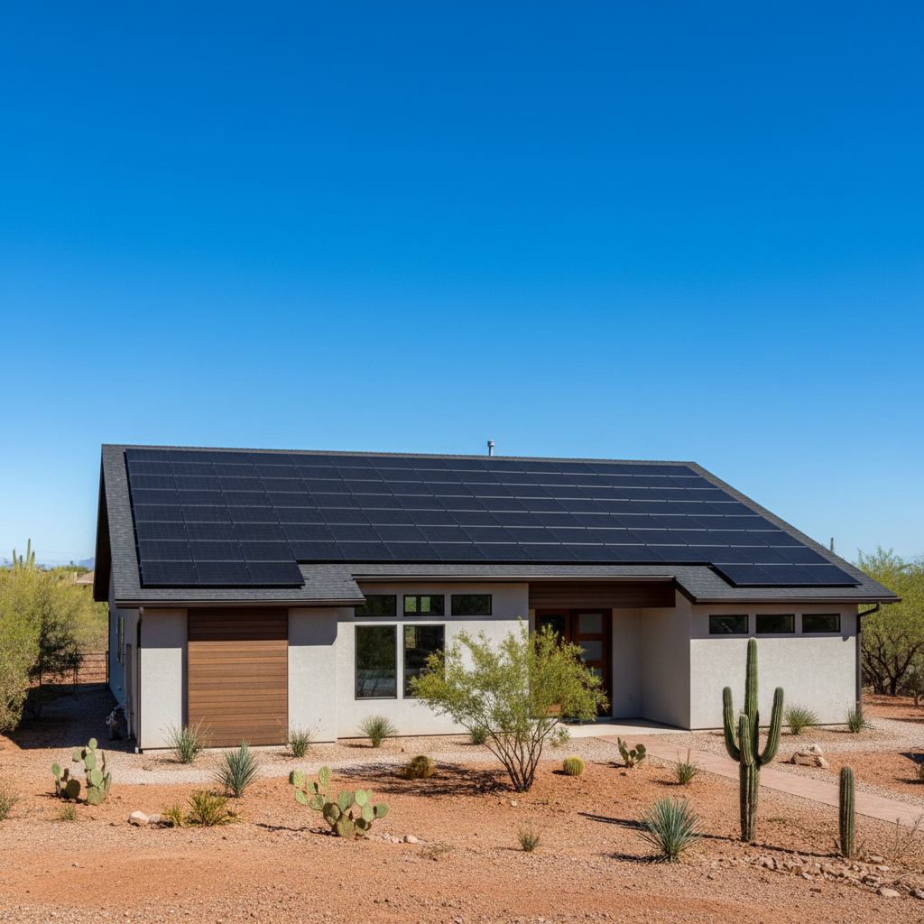 Residential home with black solar panels on roof under clear Arizona sky