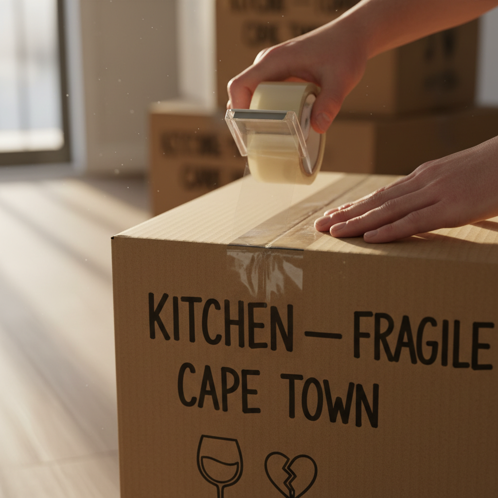 Hands pressing packing tape on a cardboard box labeled Kitchen — fragile — Cape Town, morning light through window