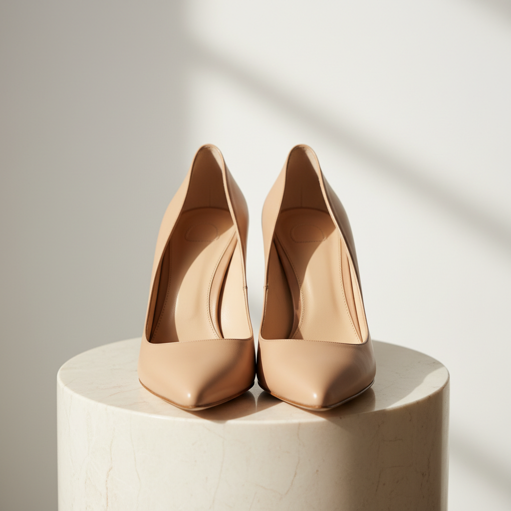 Delicate pointed-toe ballet flats in blush pink on marble surface, feminine fashion