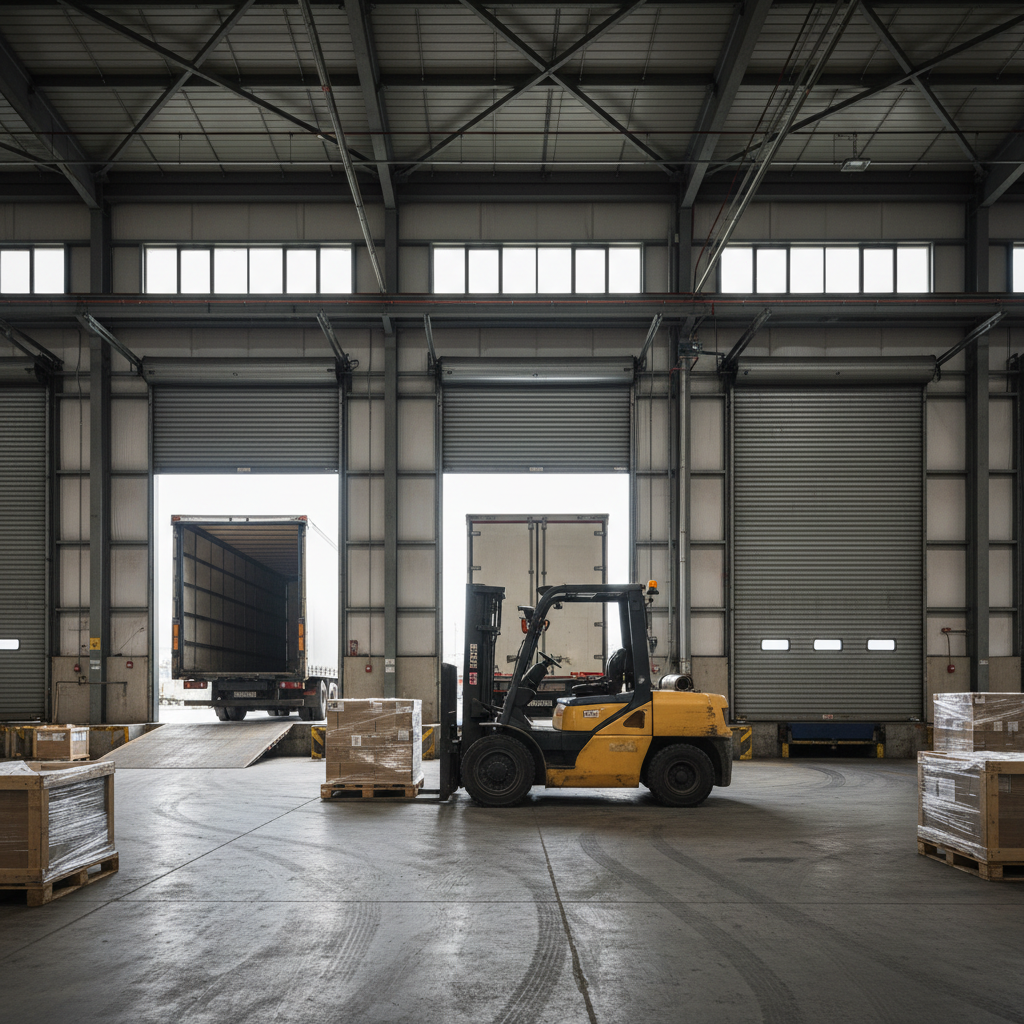 Loading dock with leveler plate and industrial truck bay, steel dock equipment, warehouse exterior