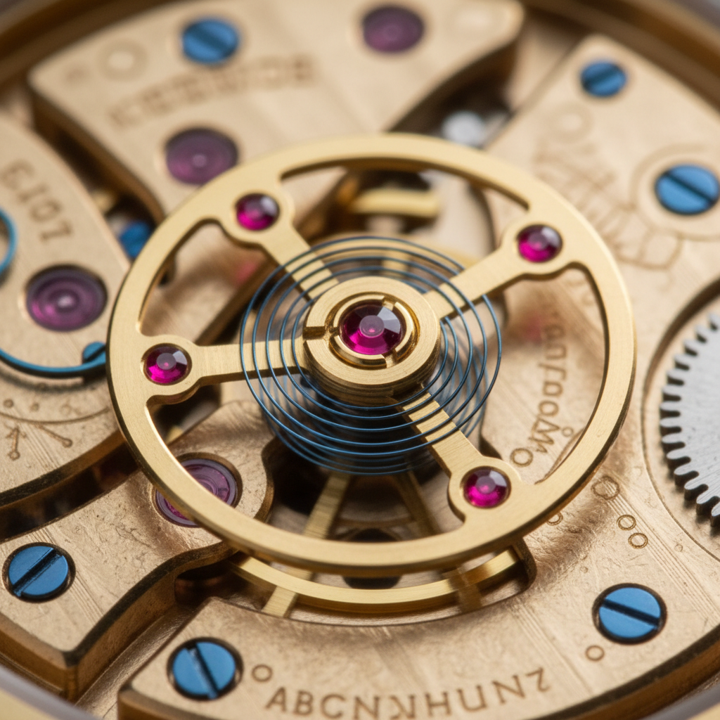 Close-up macro photograph of a Swiss watch movement balance wheel oscillating with jeweled pivot points visible