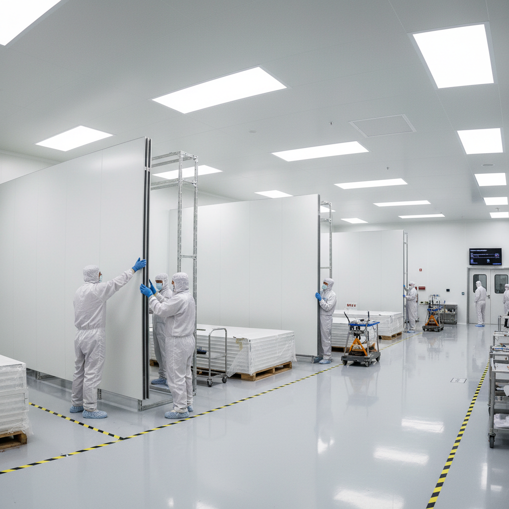 Cleanroom construction site with modular wall panel installation