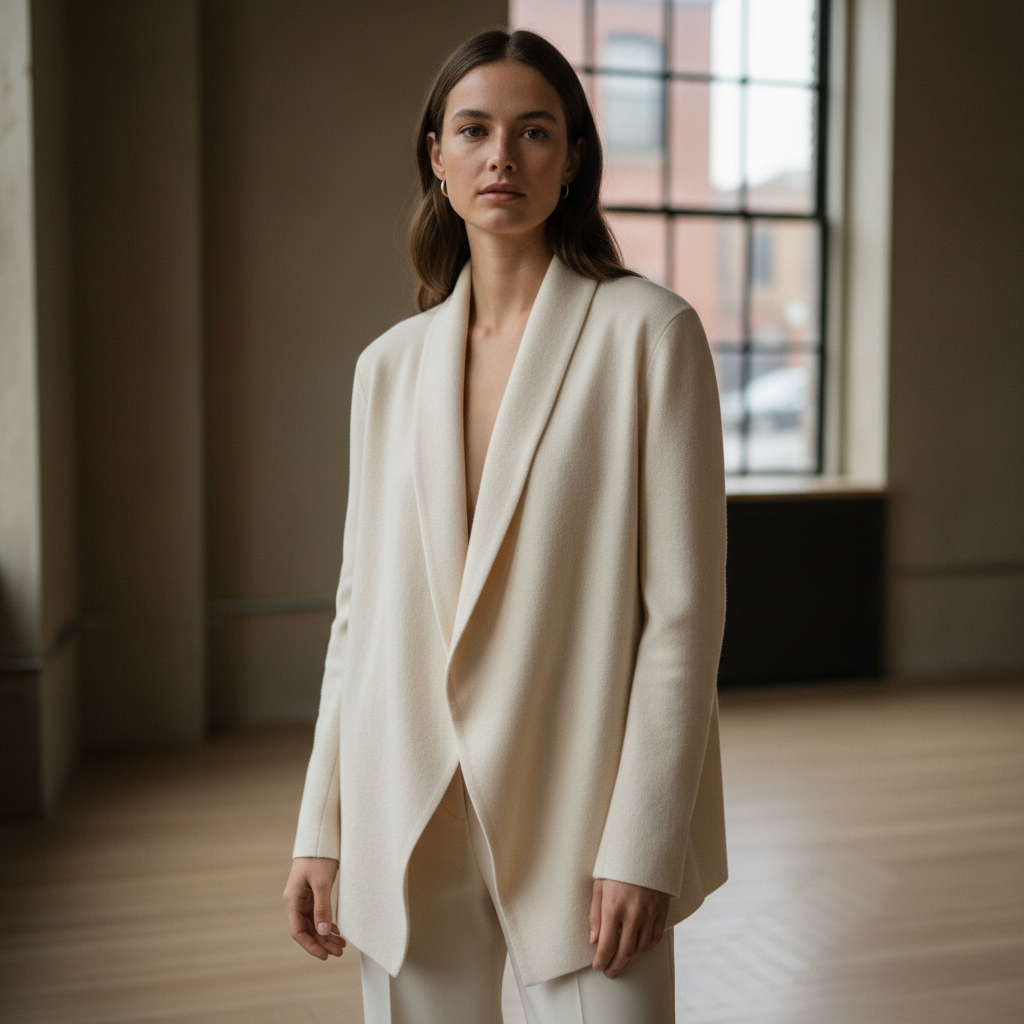 Soft cashmere blouse on woman, warm cream tones, minimal jewelry, elegant and understated