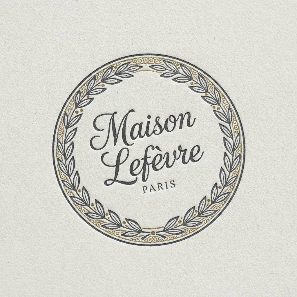 Maison Lefèvre finished calligraphic logotype letterpress-printed on 300gsm cotton stock showing impression of nib pressure