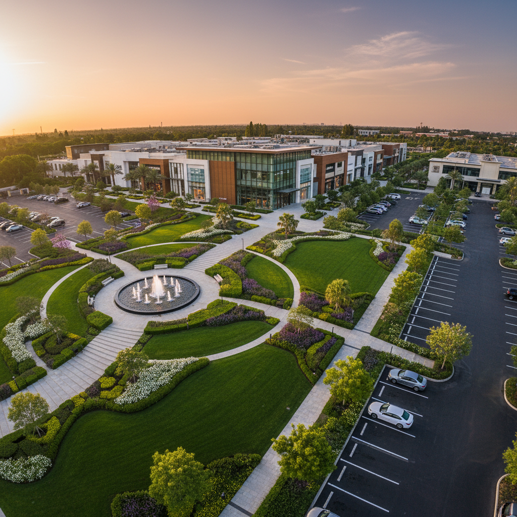 Beautiful commercial property exterior with clean landscaping and professional grounds in warm sunlight