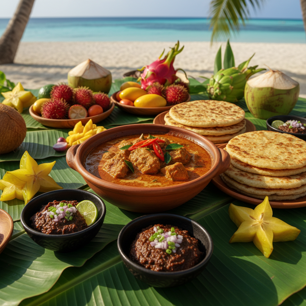 Mauritian feast — lamb rougaille and roti on a banana leaf