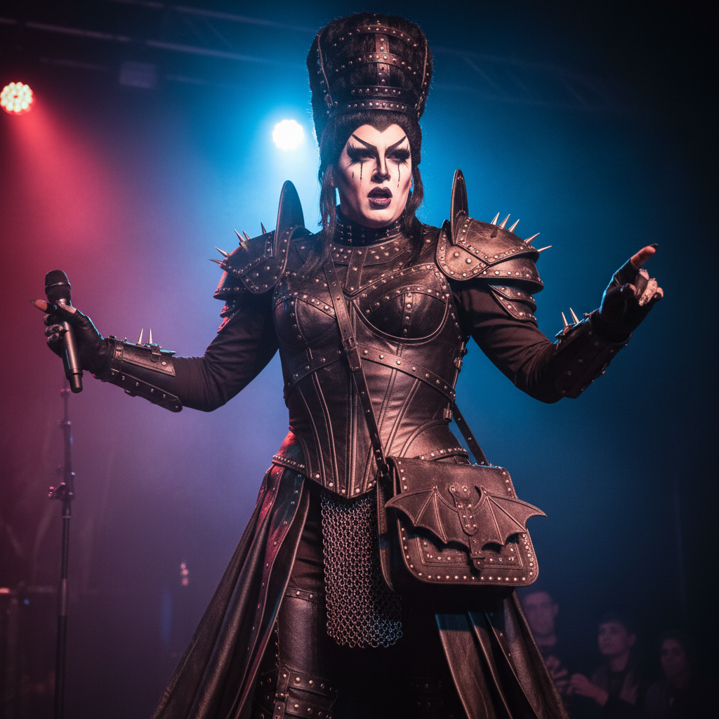 Morrigan Vale, drag performer photographed mid-performance wearing gothic leather bag as stage armor