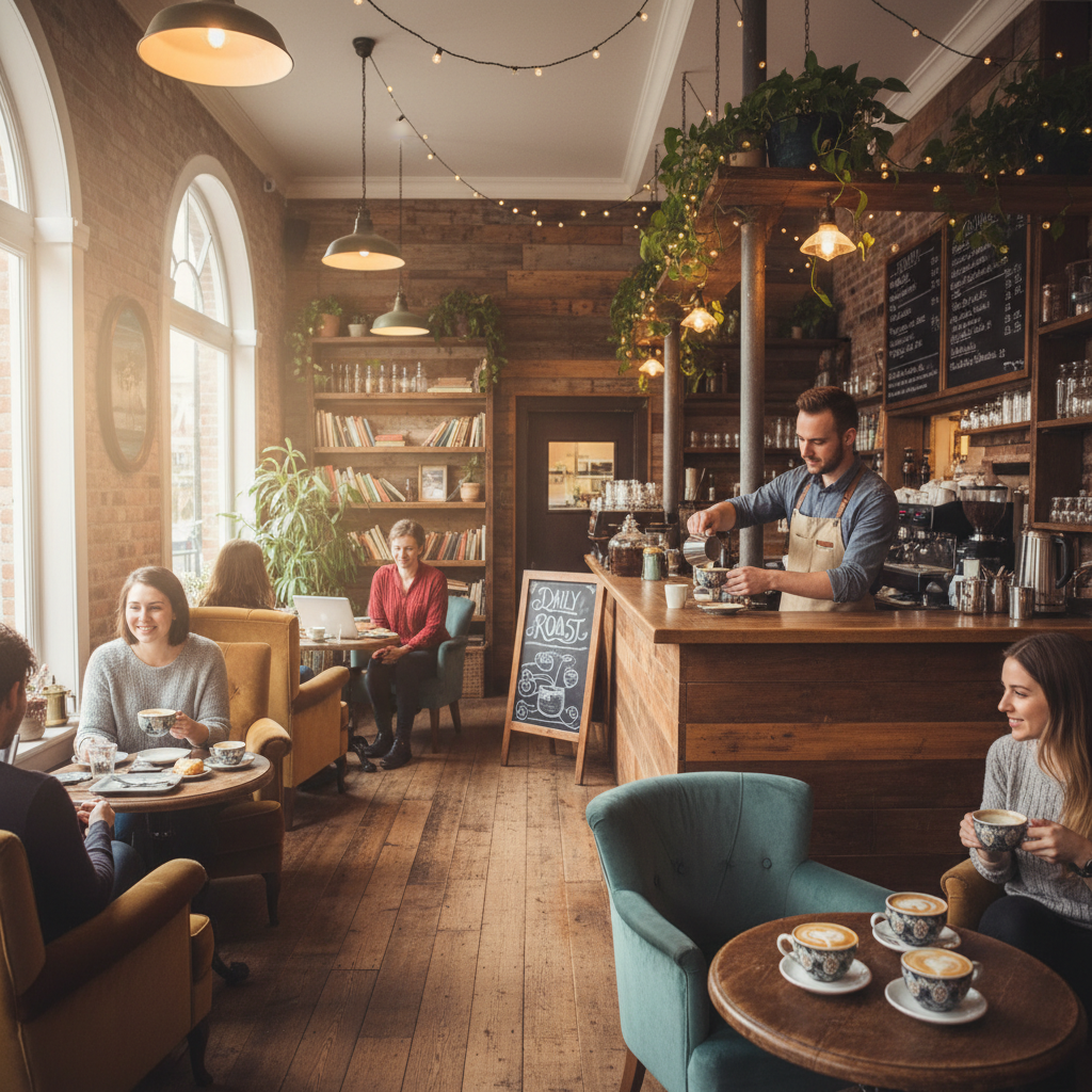 Colombian coffee cup with chocolate notes, warm cafe atmosphere, soft lighting