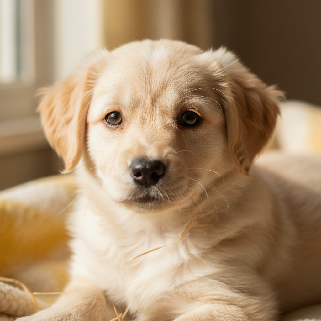 Biscuit at 8 weeks, full cream coat, gentle eyes