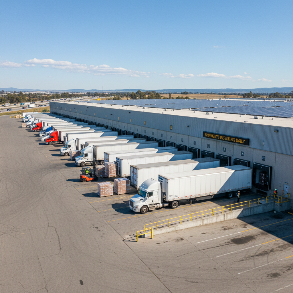 Aerial view of busy distribution center with trucks at loading bays in dim overcast industrial environment with dark concrete and steel