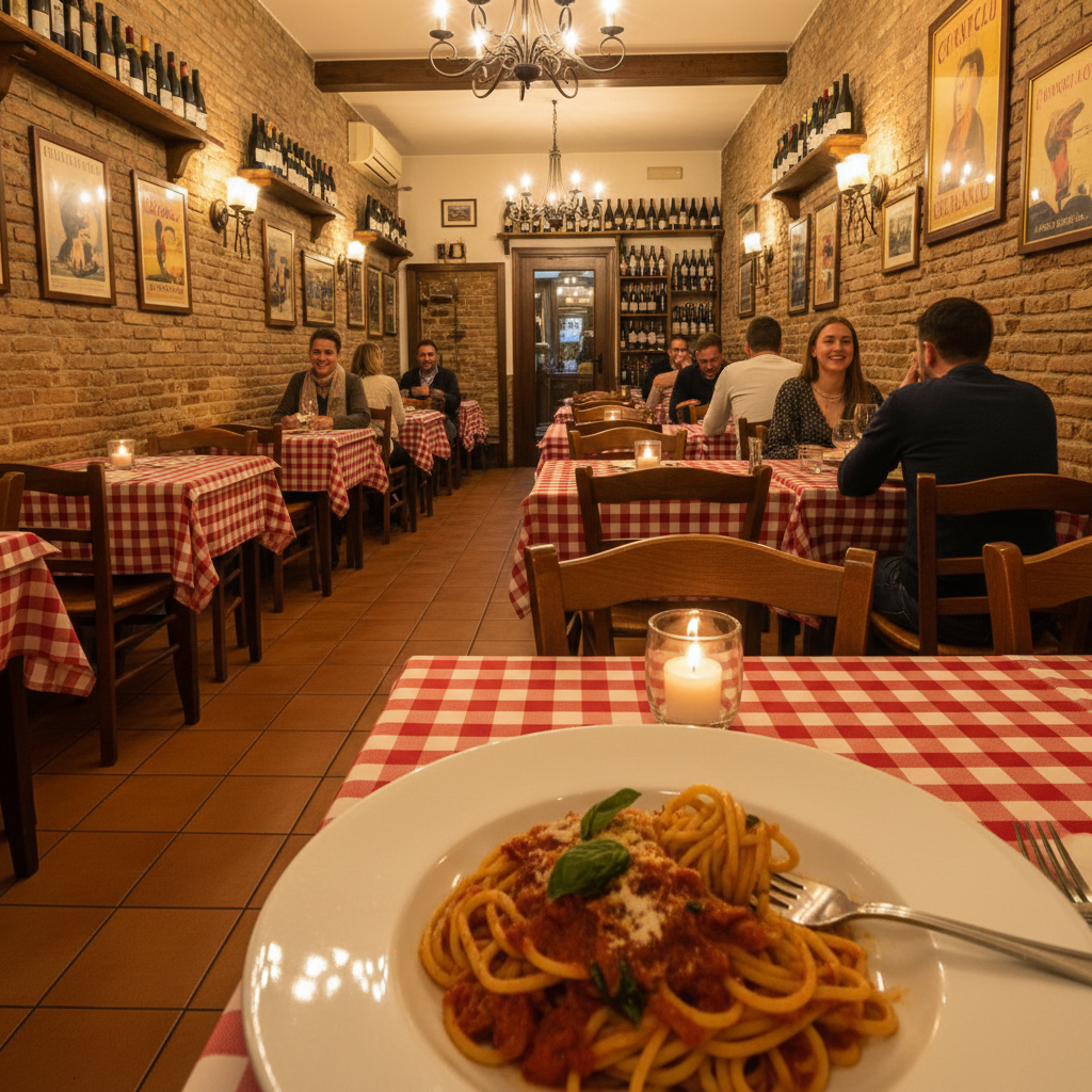 Rustic Italian trattoria with checkered tablecloths, candles, and a plate of fresh pasta