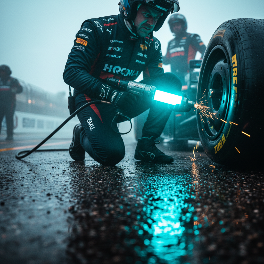 Pit crew mechanic crouched at wheel hub with pneumatic impact wrench emitting cyan glow on wet asphalt