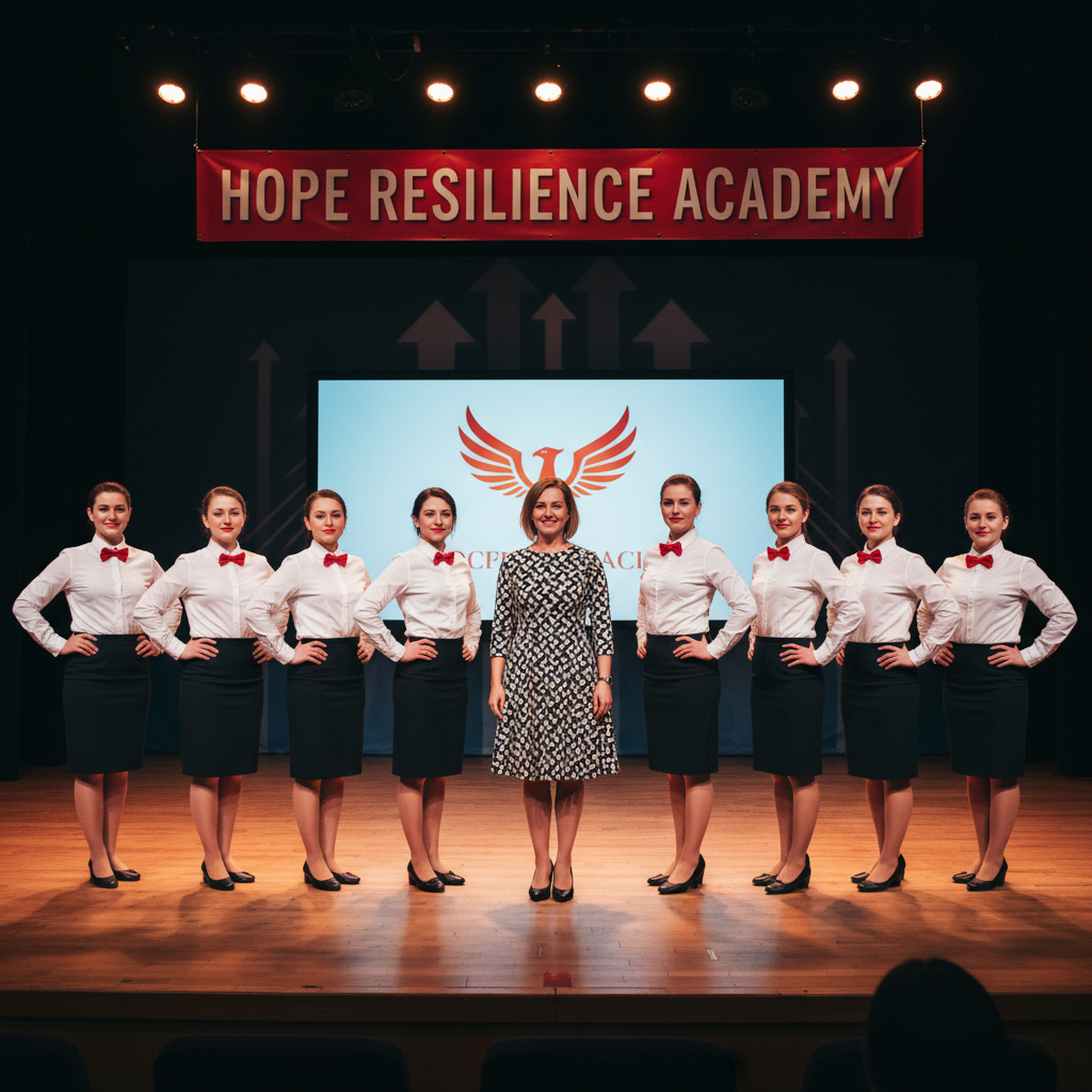 Group of eight Hope Resilience Academy staff members — women in white shirts with red bow ties and black skirts standing on a stage, one in a black and white patterned dress in the centre