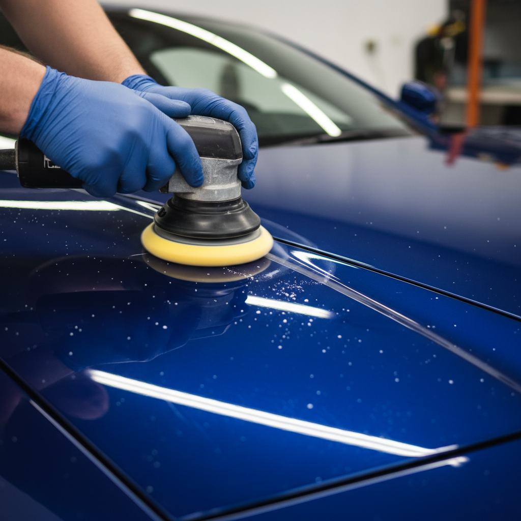Orbital polisher working on glossy red car paint under bright workshop spotlights, swirl-free mirror finish