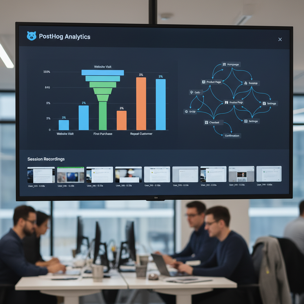 PostHog analytics with funnel charts, user path flows, and session recording thumbnails