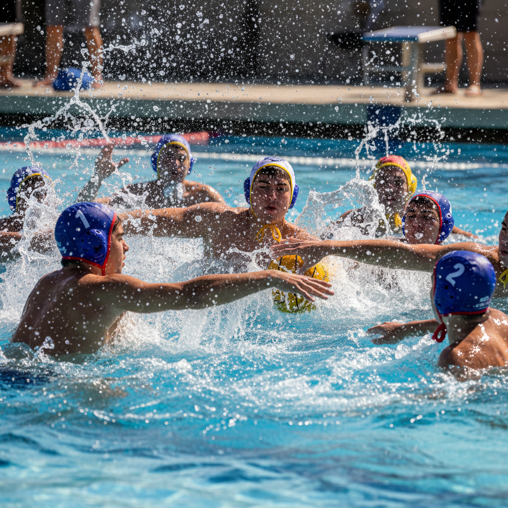 Young water polo players competing in national qualifier tournament, intense pool action shot