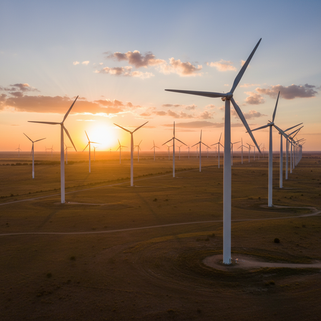 Large wind farm with dozens of turbines across flat American plains at sunset