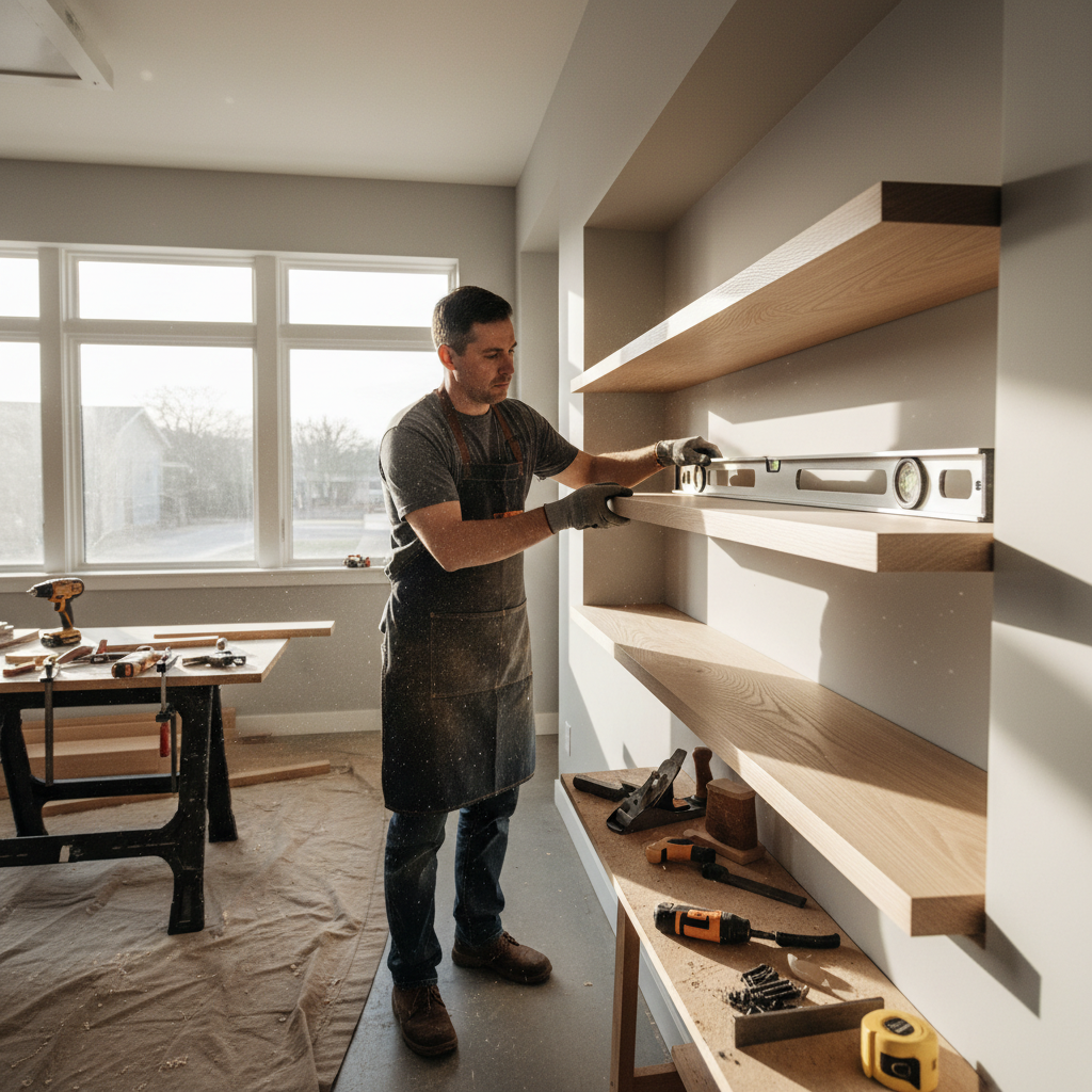 Custom floating wood shelves sized to fit a specific wall space in a modern home