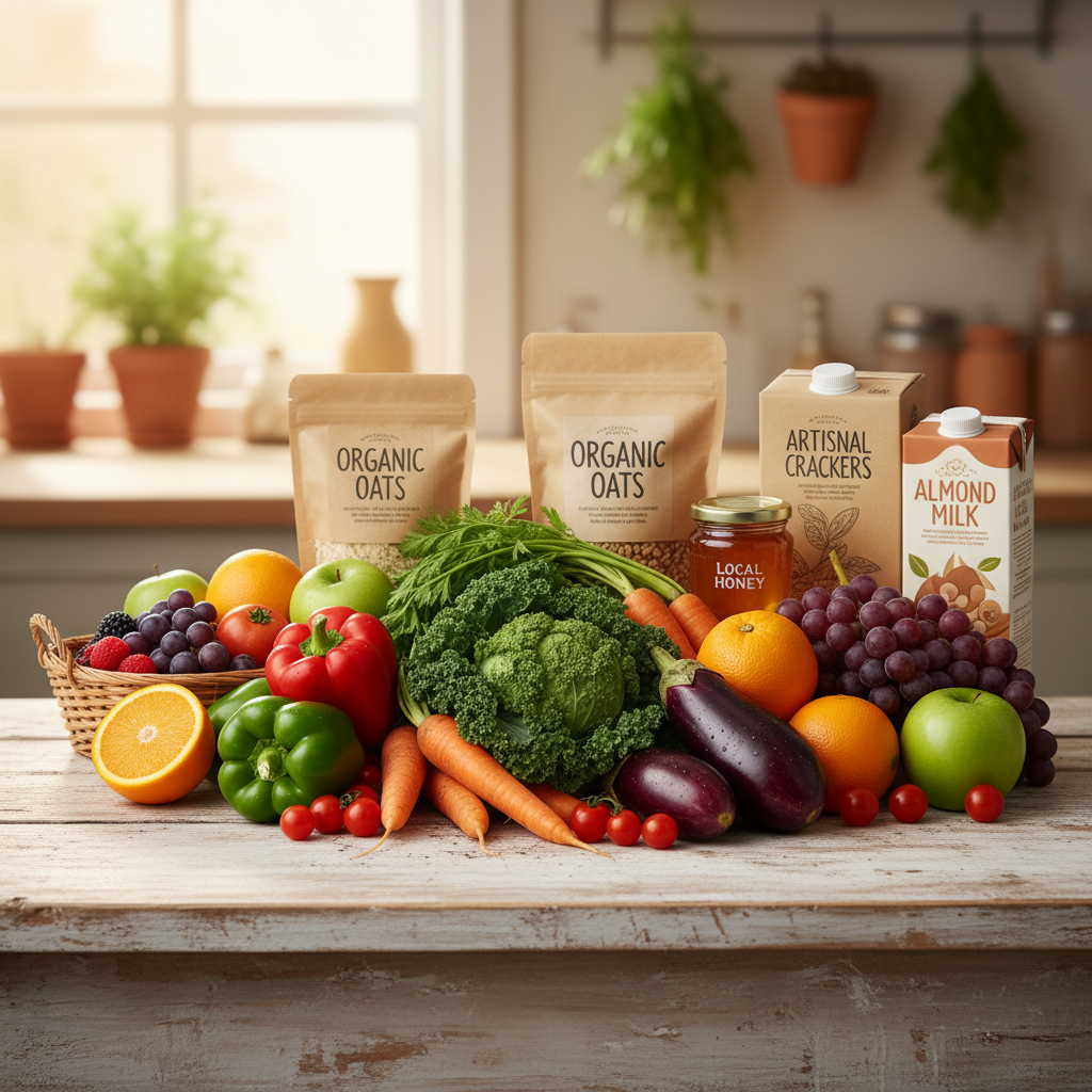 Fresh farm produce and artisan food ingredients on a wooden table in bright airy natural daylight