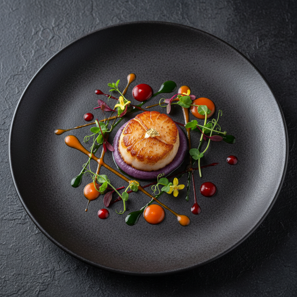 Beautifully plated seasonal dish on dark ceramic, fine dining presentation, golden sauce, microgreens, warm side lighting
