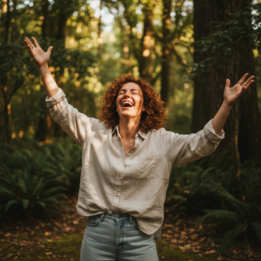 Person mid-laugh with arms thrown upward, head tilted back, eyes crinkled shut, surrounded by forest canopy