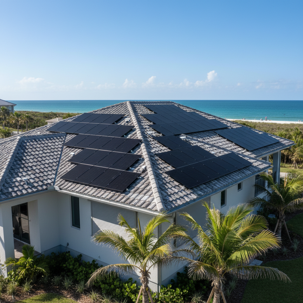 Contractor measuring hurricane-rated impact glass panels during coastal renovation