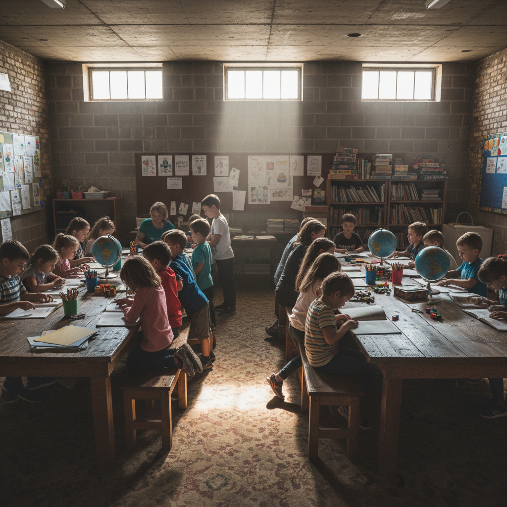Children gathered around tables in a community basement learning together