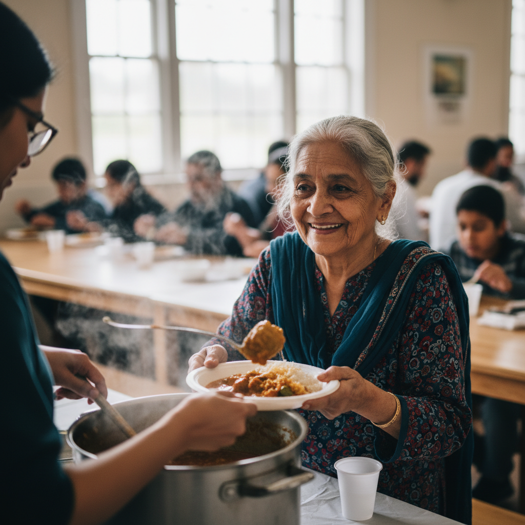 Elderly South Asian woman smiling while being served hot food at community meal program