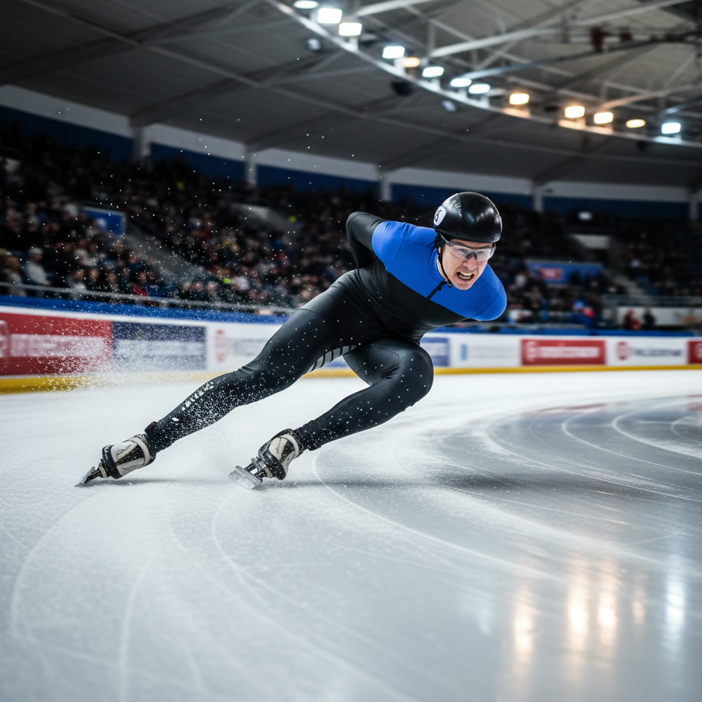 Speed skater in tight racing suit powering through a corner, ice spray catching arena lights