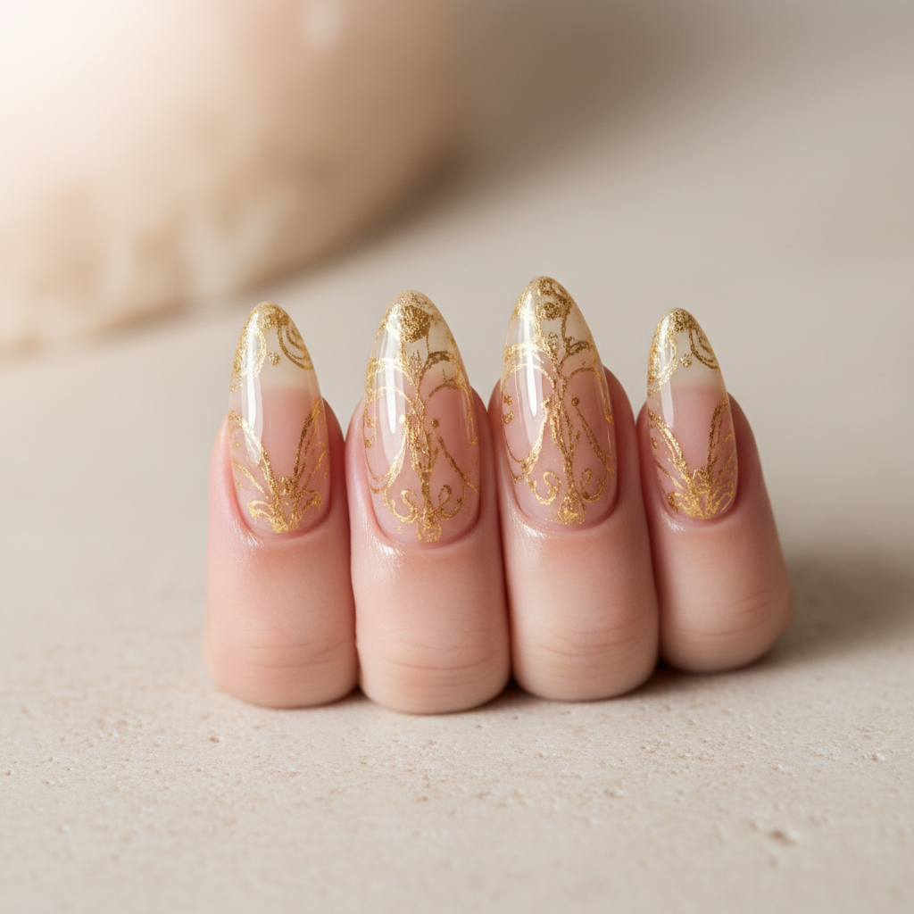 Elegant gel nail art with nude and gold tones on manicured hands