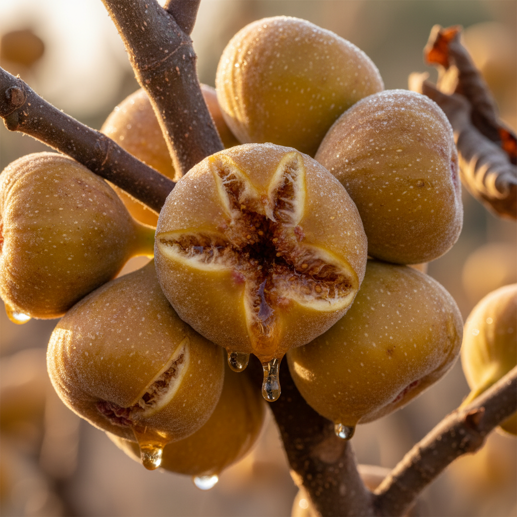 Late season golden Kadota figs on branches with autumn light, some beginning to show honey-colored splits