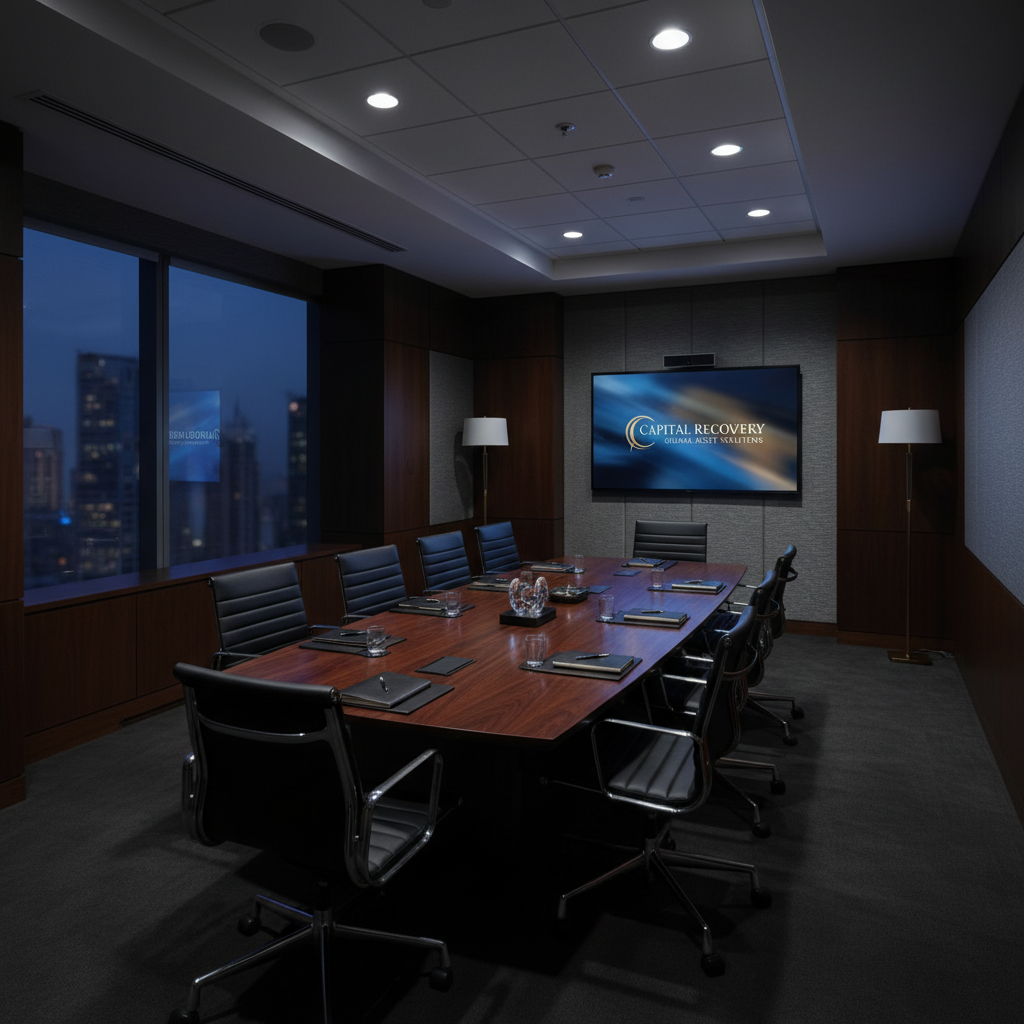 Dark conference room with city skyline at night through floor-to-ceiling windows, shadowed interior