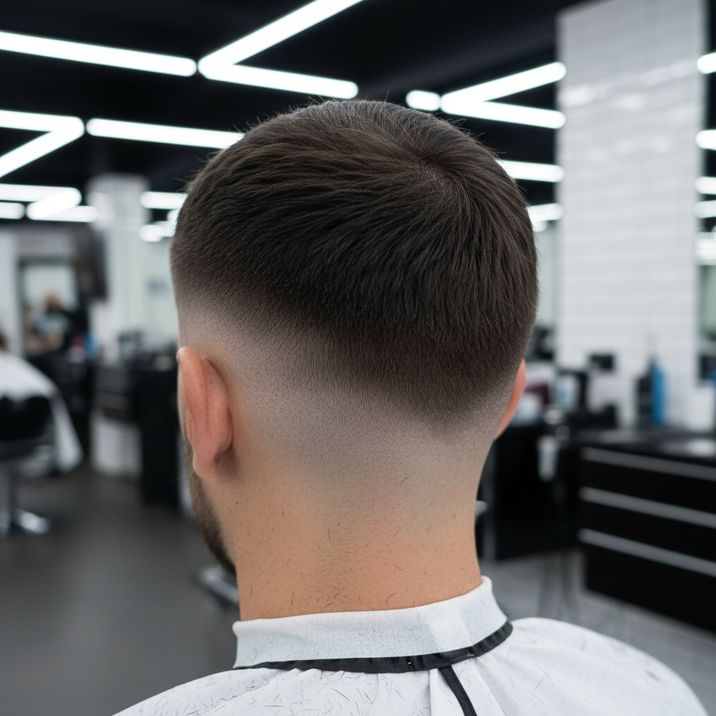 Close-up of a clean high fade haircut with sharp lines in a dim barbershop with warm amber overhead lighting