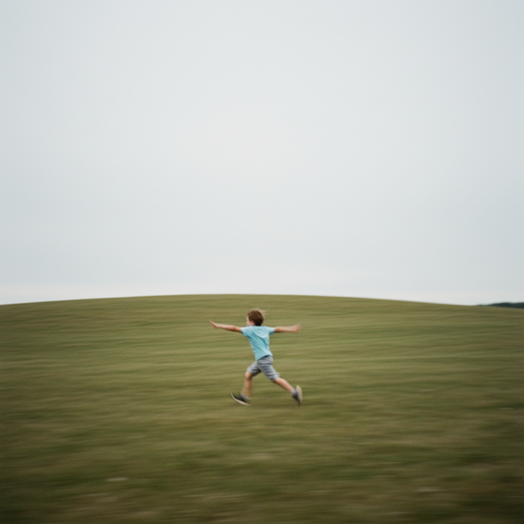 Motion-blurred photo of child running, out of focus with flat lighting